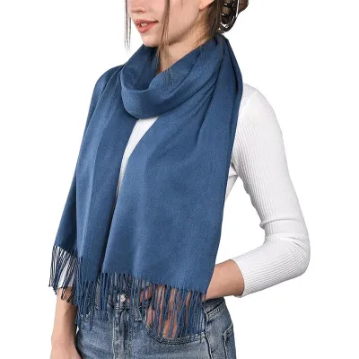 Women Fashion Casual Autumn And Winter Solid Color Thickened Warm Tassel Scarf
