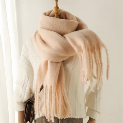 Women Fashion Casual Winter Solid Color Warm Lengthen Tassel Scarf