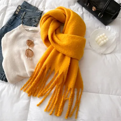 Women Fashion Casual Winter Solid Color Warm Lengthen Tassel Scarf