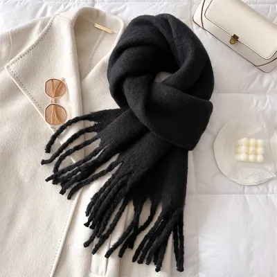 Women Fashion Casual Winter Solid Color Warm Lengthen Tassel Scarf