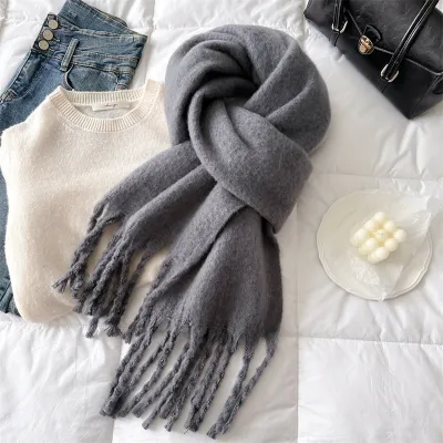 Women Fashion Casual Winter Solid Color Warm Lengthen Tassel Scarf