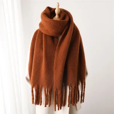 Women Fashion Casual Winter Solid Color Warm Lengthen Tassel Scarf