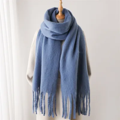 Women Fashion Casual Winter Solid Color Warm Lengthen Tassel Scarf