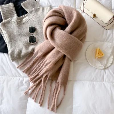 Women Fashion Casual Winter Solid Color Warm Lengthen Tassel Scarf