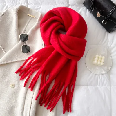 Women Fashion Casual Winter Solid Color Warm Lengthen Tassel Scarf