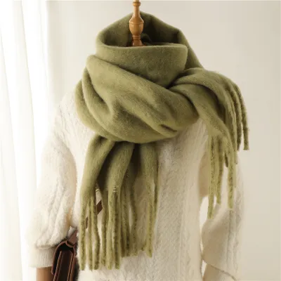 Women Fashion Casual Winter Solid Color Warm Lengthen Tassel Scarf