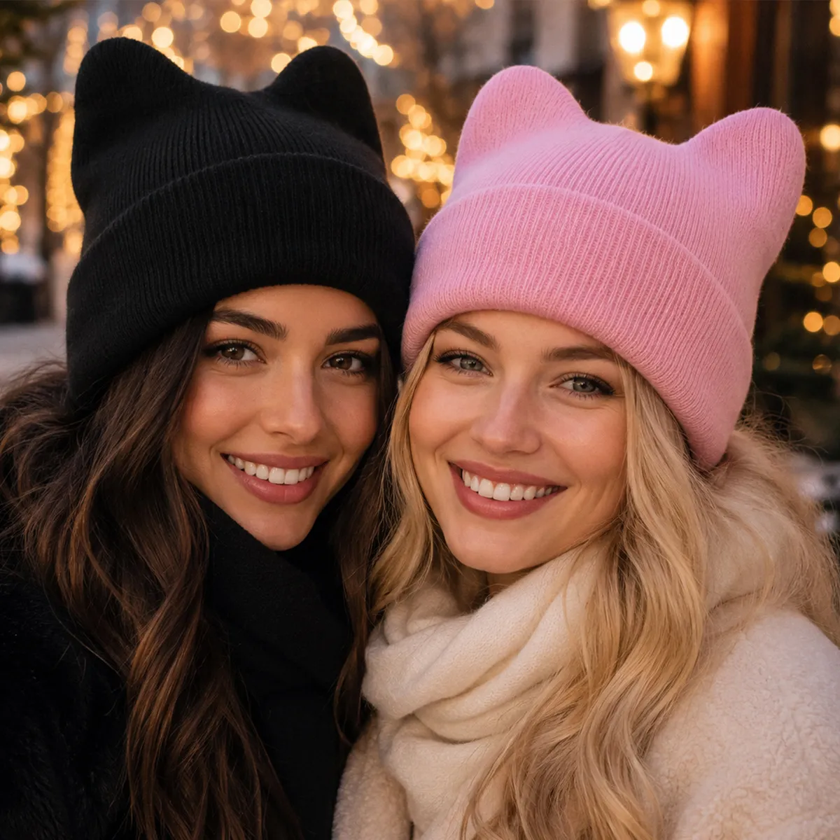 Women Fashion Casual Autumn And Winter Solid Color Thickened Warm Cat Ear Knitted Hat