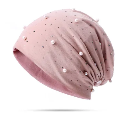 Women Fashion Autumn And Winter Solid Color Pearl Rhinestone Cotton Hat