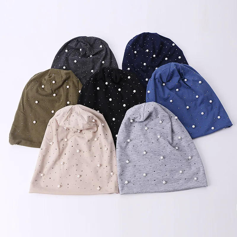 Women Fashion Autumn And Winter Solid Color Pearl Rhinestone Cotton Hat