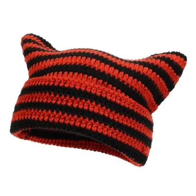 Women Fashion Cute Autumn And Winter Knitted Cat Ears Stripe Warm Wool Hat