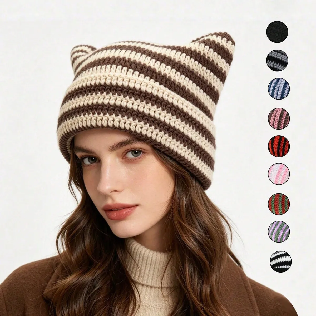 Women Fashion Cute Autumn And Winter Knitted Cat Ears Stripe Warm Wool Hat