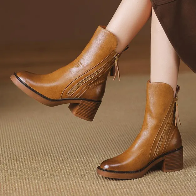 Women Fashion Casual Autumn Solid Color Round-Toe Side Zipper High Heel Color Short Boots