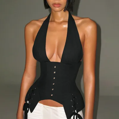 Women Fashion Solid Color Neck Tie-Up V-Neck Corsets