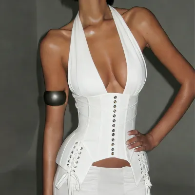 Women Fashion Solid Color Neck Tie-Up V-Neck Corsets