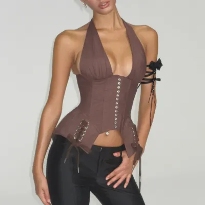 Women Fashion Solid Color Neck Tie-Up V-Neck Corsets