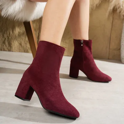 Women’S Fashion Solid Color Pointed-Toe Side Zipper High-Heeled Boots