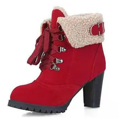 Women Fashion Winter Pointed-Toe Thick Heel Lace-Up Platform Short Boots