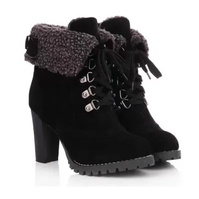 Women Fashion Winter Pointed-Toe Thick Heel Lace-Up Platform Short Boots