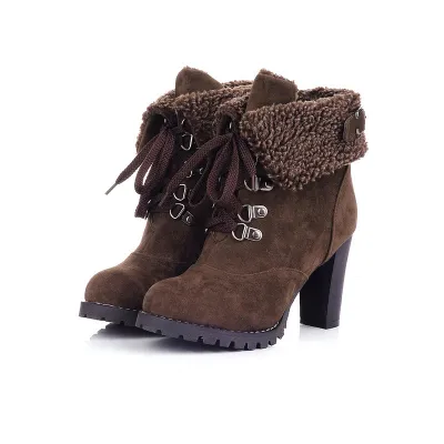 Women Fashion Winter Pointed-Toe Thick Heel Lace-Up Platform Short Boots