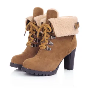 Women Fashion Winter Pointed-Toe Thick Heel Lace-Up Platform Short Boots