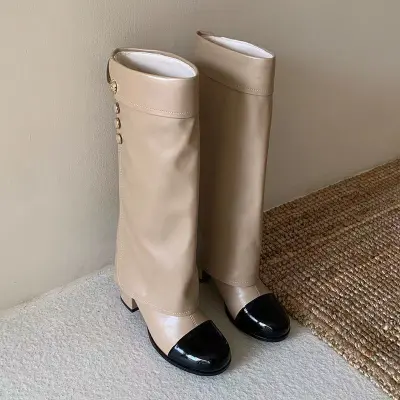 Women Fashion Elegant Color Block Round-Toe Thick Heel High Boots