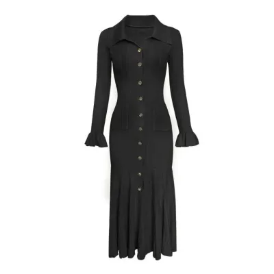 Women Fashion Elegant Autumn And Winter Solid Color Lapel Long-Sleeve Tight Waist Large Swing Knitted Dress