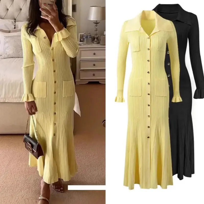 Women Fashion Elegant Autumn And Winter Solid Color Lapel Long-Sleeve Tight Waist Large Swing Knitted Dress