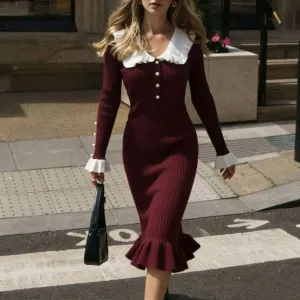 Women Fashion Elegant Autumn And Winter Color Block Lapel Long-Sleeve Ruffle Knitted Dress