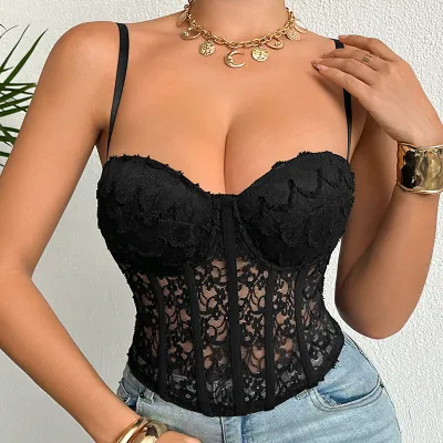 Women Sexy Solid Color Lace See-Through Fishbone Corsets