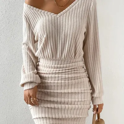 Women Fashion Casual Autumn And Winter Solid Color Sanding Pit V-Neck Long Sleeve Tight Waist Knitted Dress