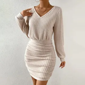 Women Fashion Casual Autumn And Winter Solid Color Sanding Pit V-Neck Long Sleeve Tight Waist Knitted Dress