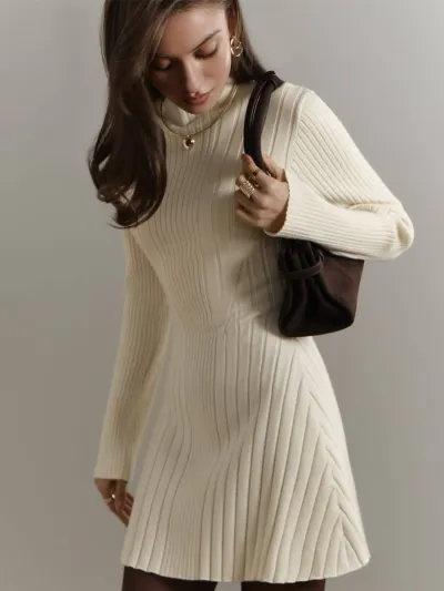 Women Fashion Casual Simple Solid Color Half-High Neck Long-Sleeve Knitted Dress
