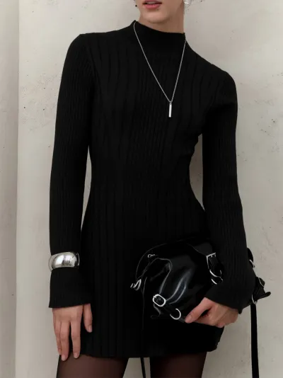 Women Fashion Casual Simple Solid Color Half-High Neck Long-Sleeve Knitted Dress