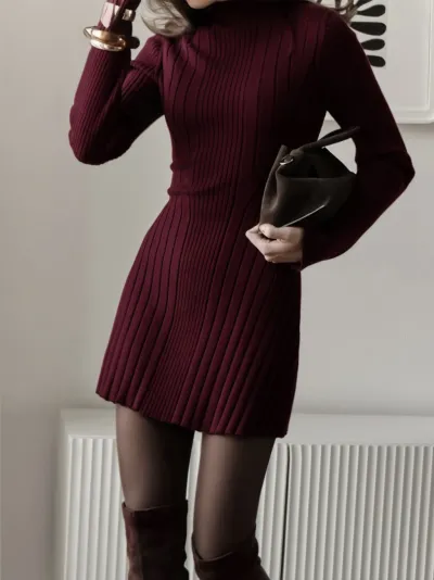 Women Fashion Casual Simple Solid Color Half-High Neck Long-Sleeve Knitted Dress