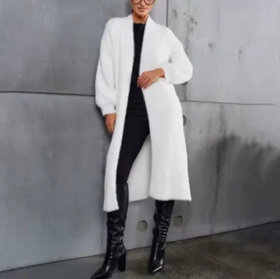 Women Fashion Casual Autumn Winter White Long-Sleeve Loose Knitted Coat
