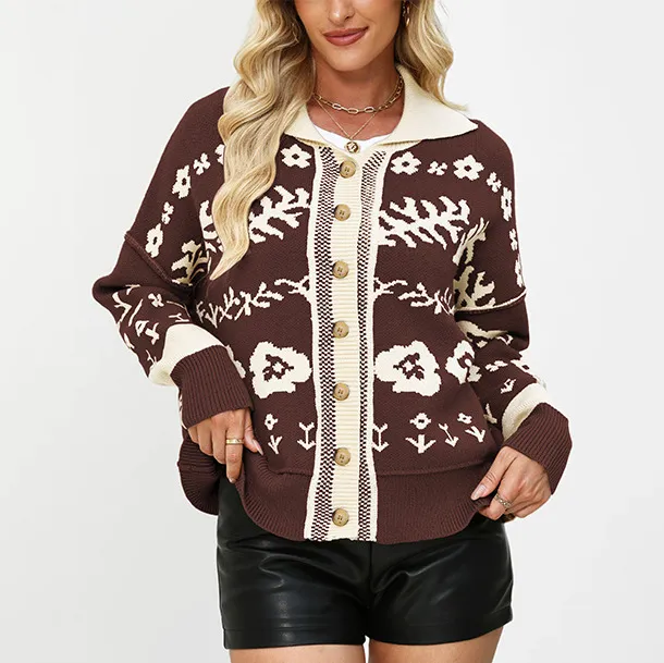 Women Fashion Casual Autumn And Winter Jacquard Square Collar Long-Sleeve Button Loose Knitted Coat