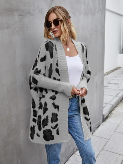 Women Fashion Casual Spring Leopard Long-Sleeve Loose Knitted Cardigan Coat