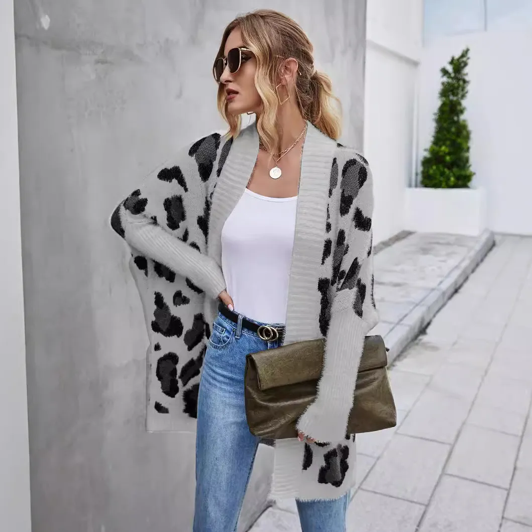 Women Fashion Casual Spring Leopard Long-Sleeve Loose Knitted Cardigan Coat