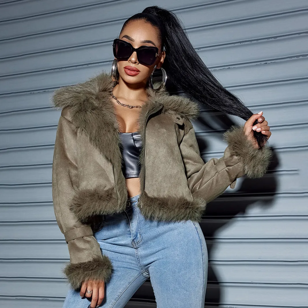 Women Fashion Casual Autumn And Winter Suede Imitation Fur Lapel Long-Sleeve Short Coat