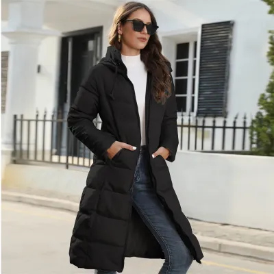 Women Fashion Casual Winter Solid Color Long-Sleeve With Hat Mid-Length Slim-Fit Cotton-Padded Coat
