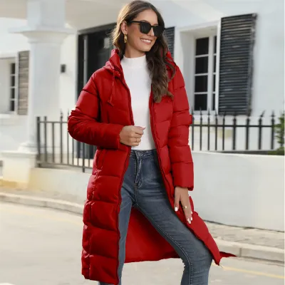 Women Fashion Casual Winter Solid Color Long-Sleeve With Hat Mid-Length Slim-Fit Cotton-Padded Coat