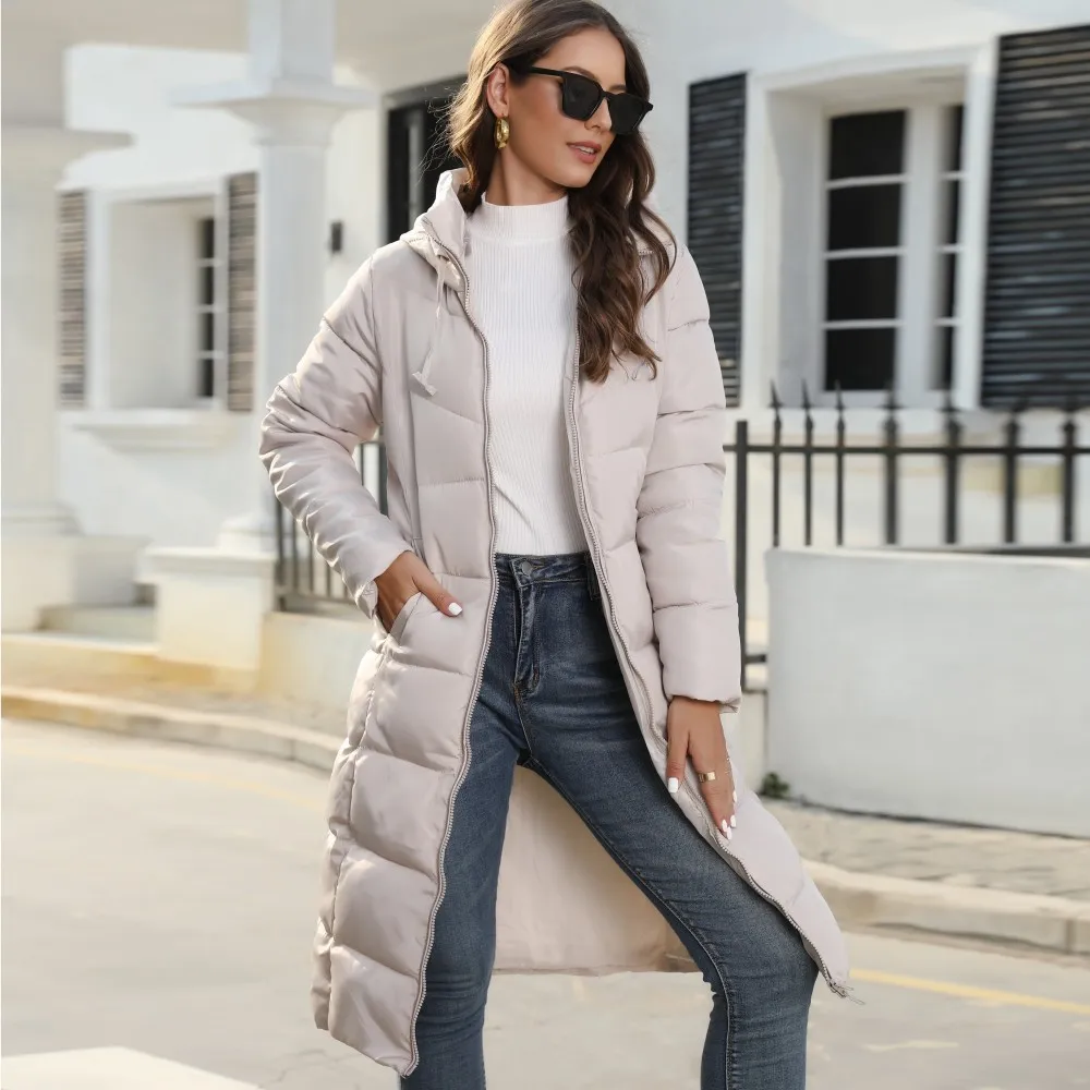Women Fashion Casual Winter Solid Color Long-Sleeve With Hat Mid-Length Slim-Fit Cotton-Padded Coat