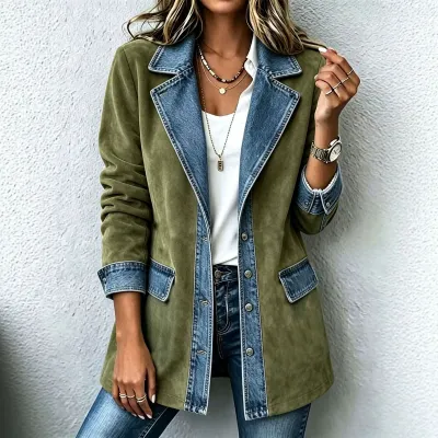Women Fashion Casual Autumn Winter Stitching Suede Lapel Long Sleeve Slim Coat