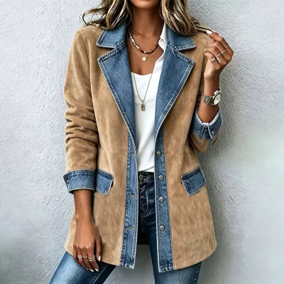 Women Fashion Casual Autumn Winter Stitching Suede Lapel Long Sleeve Slim Coat