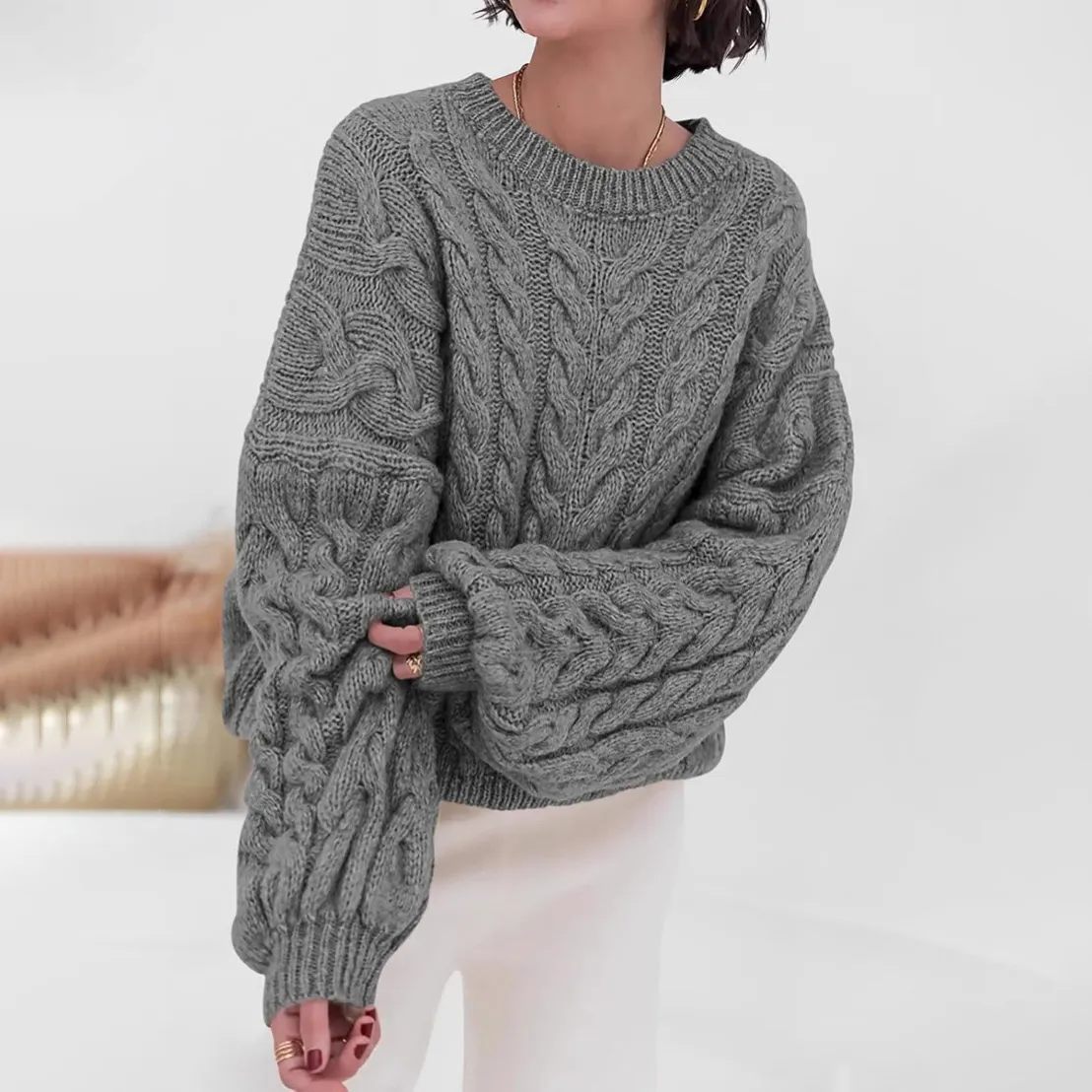 Women Fashion Casual Autumn And Winter Solid Color Thick Needle Long-Sleeve Loose Knitted Sweater