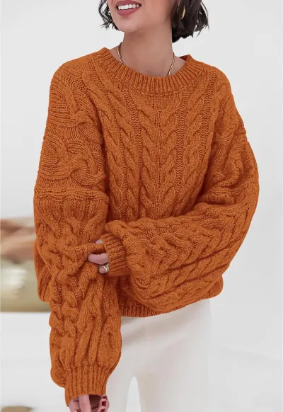 Women Fashion Casual Autumn And Winter Solid Color Thick Needle Long-Sleeve Loose Knitted Sweater