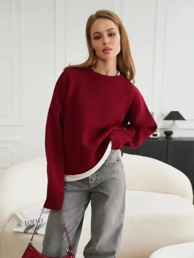 Women Fashion Casual Autumn And Winter Simple Solid Color Thickened Round Neck Long-Sleeve Knitted Sweater