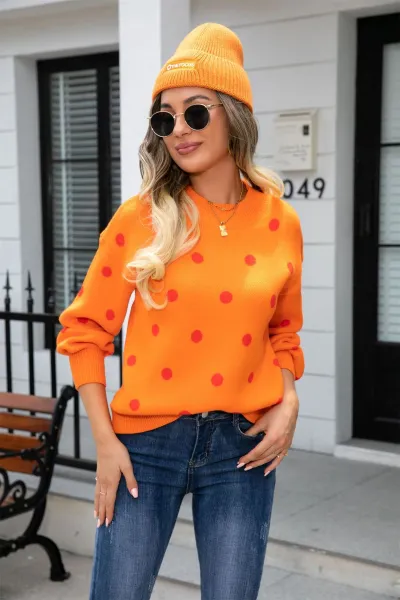 Women Fashion Casual Spring Polka Dot Long-Sleeve Knitted Sweater