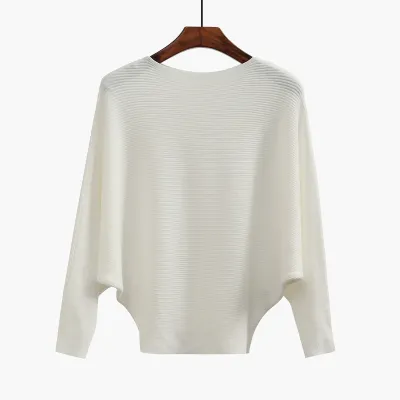 Women'S Fashion Casual Solid Color Threaded One-Neck Bat-Sleeve High-Elastic Knitted Sweater