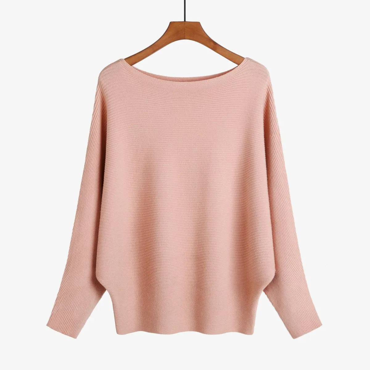 Women'S Fashion Casual Solid Color Threaded One-Neck Bat-Sleeve High-Elastic Knitted Sweater